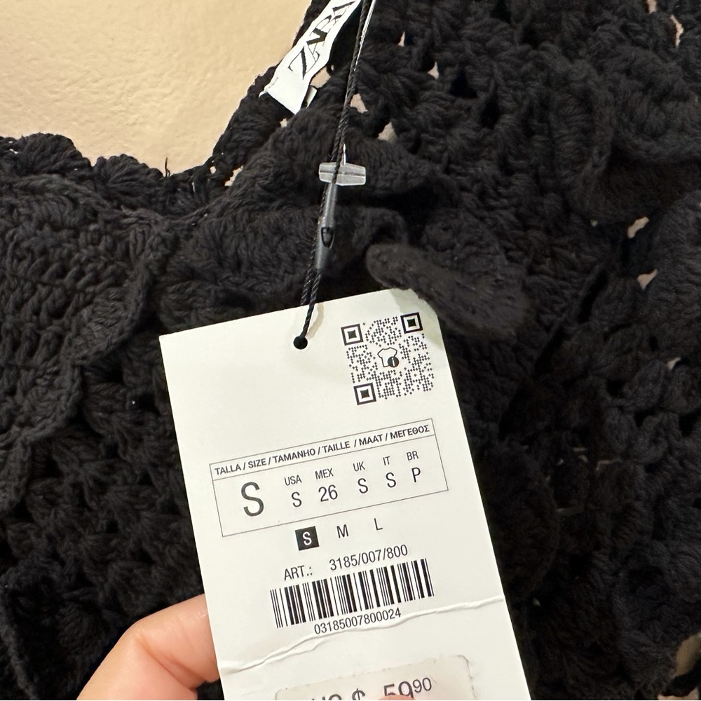 Zara Black Crochet Top Asymmetrical Scalloped Hem Side Tie Boho Festival Women S - Picture 8 of 8